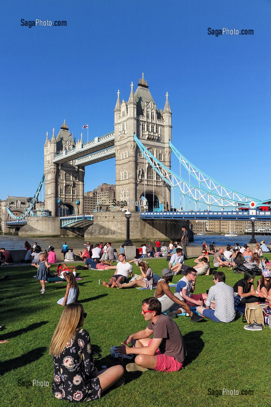 GROUPE DE PERSONNES ASSIS SUR LA PELOUSE DEVANT TOWER BRIDGE, LONDRES, GRANDE-BRETAGNE, EUROPE 