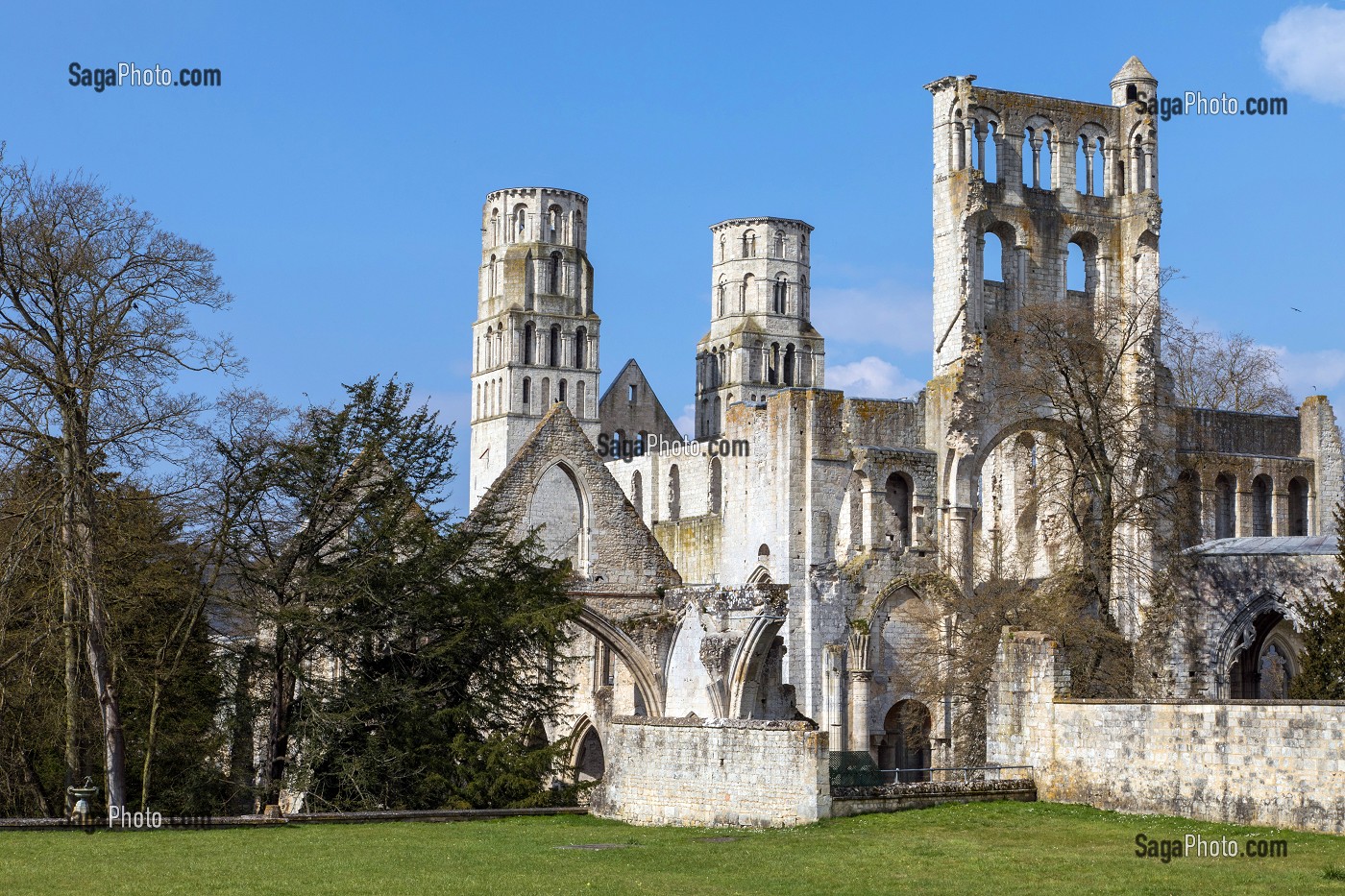 RUINES DE L'ANCIENNE EGLISE ABBATIALE AVEC SES TOURS ROMANES, ABBAYE DE JUMIEGES, ANCIEN MONASTERE BENEDICTIN FONDE AU VII EME SIECLE ET RECONSTRUIT ENTRE LE IX EME ET LE XVII EME SIECLE, (76), FRANCE 