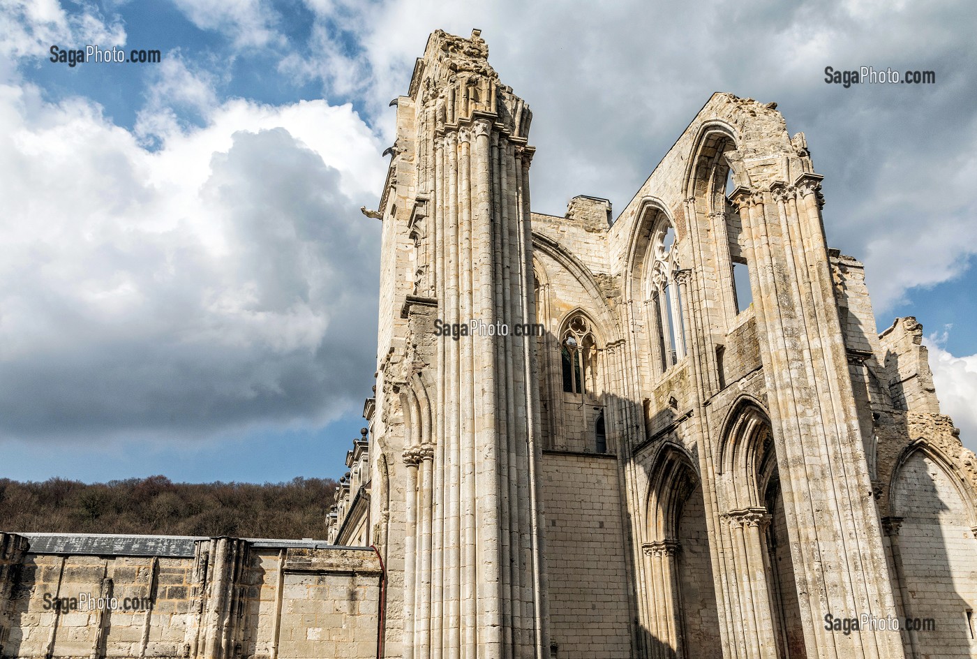 VESTIGES DE L'ANCIENNE EGLISE ABBATIALE SAINT-PIERRE DU XII EME SIECLE, ABBAYE DE SAINT-WANDRILLE (76) CONSTRUITE PAR LES MOINES BENEDICTINS ENTRE LE XI ET LE XVI EME SIECLE, FRANCE 