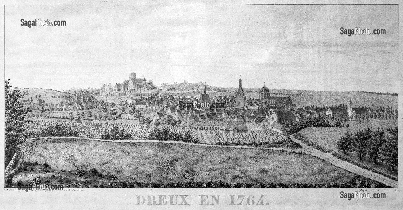VUE DE DREUX EN 1764 REALISEE AU PIED DE LA CHAPELLE SAINT-GILLES, GRAVURE PAR DONNANT CHAMOINE, COLLECTION ECOMUSEE DES VIGNERONS ET ARTISANS DROUAIS, FLORA GALLICA, DREUX, EURE-ET-LOIR (28), FRANCE 