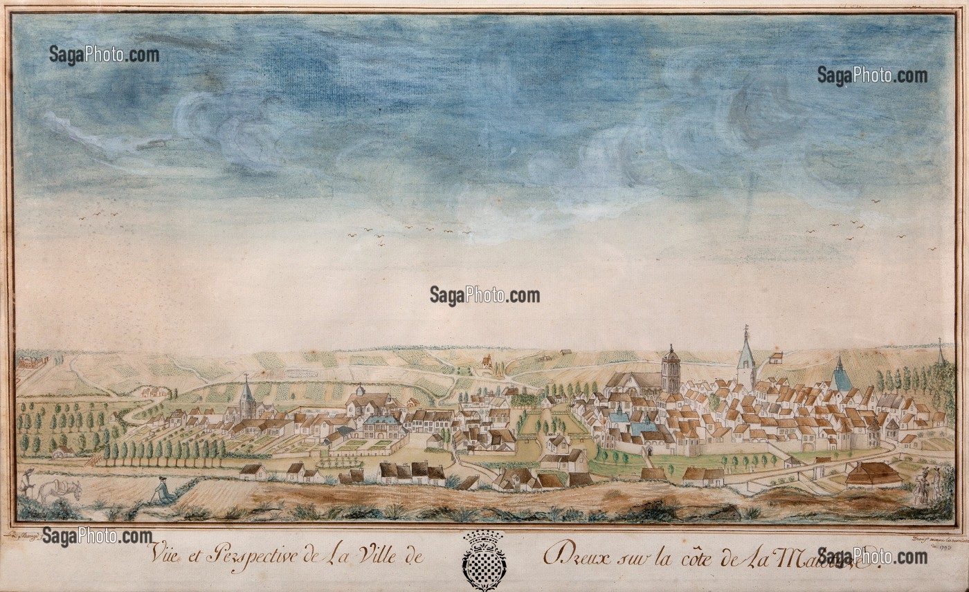 LOUIS-EUTROPE LAMESANGE, VUE PERSPECTIVE DE LA VILLE DE DREUX SUR LA COTE DE LA MALOTIERE, 1795, AQUARELLE SUR PAPIER, MUSEE D'ART ET D'HISTOIRE, DREUX, EURE-ET-LOIR (28), FRANCE, MENTION OBLIGATOIRE : MUSEE D'ART ET D'HISTOIRE, DREUX 