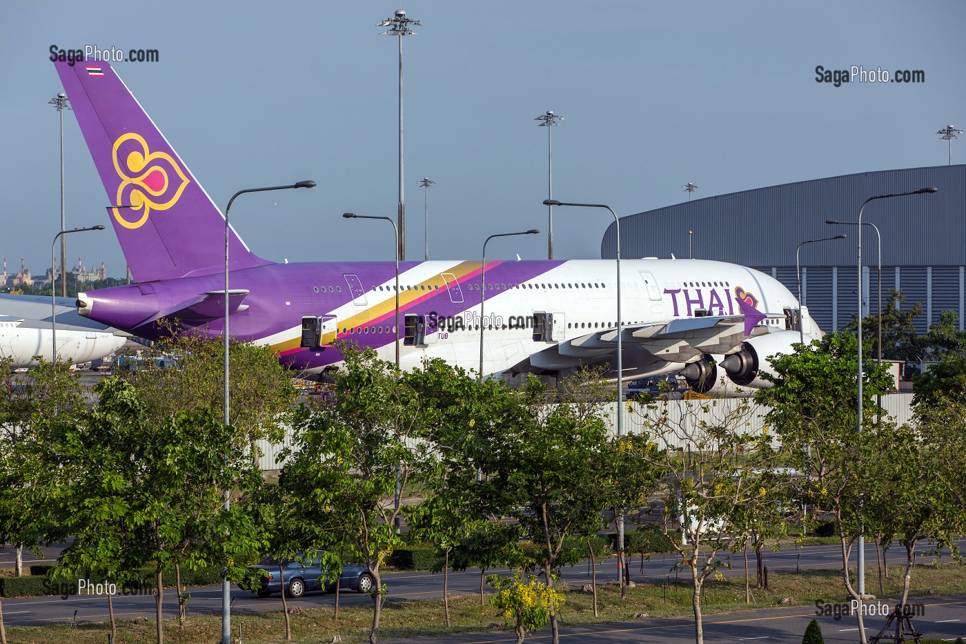 AVION DE LA COMPAGNIE THAI, BLANC ET VIOLET, A L'ARRET SUR LE TARMAC, AEROPORT, BANGKOK, THAILANDE 