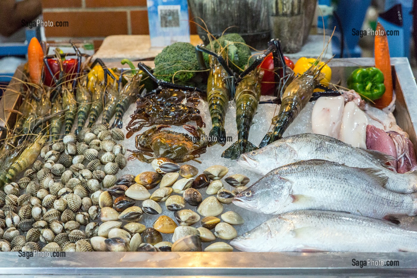 ETALAGE DE PRODUITS DE LA MER, POISSON, CRABE, CREVETTE ET CRUSTACES EN TOUT GENRE, BANGKOK, THAILANDE 