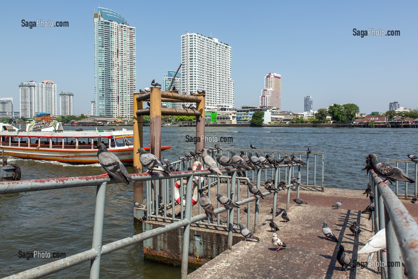 TERMINAL DE FERRY, VUE PANORAMIQUE DES BUILDINGS ET GRATTE-CIELS DE LA VILLE DE BANGKOK, SUR LES RIVES DE LA RIVIERE CHAO PHRAYA, THAILANDE, ASIE 