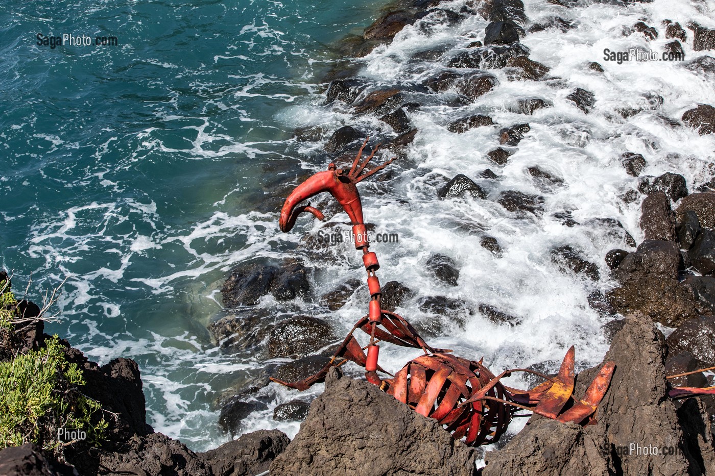 SCULPTURE DE DRAGON SUR LES FALAISES DE LA COTE, SEIXAL, ILE DE MADERE, PORTUGAL 