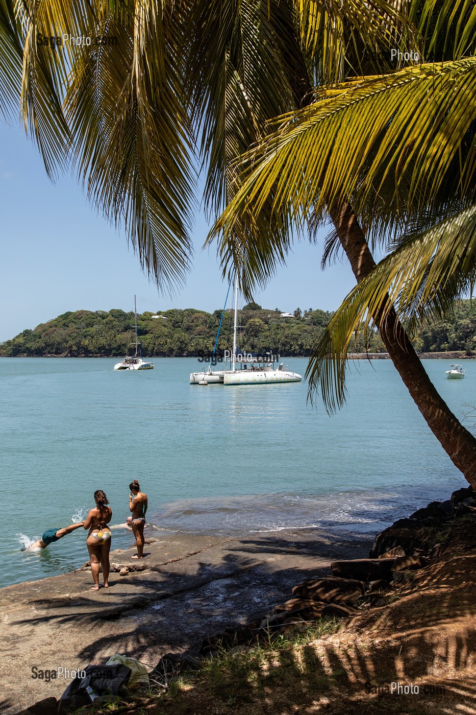 PLAGE ET PALMIERS DE L'ILE SAINT-JOSEPH ABRITANT L'ANCIEN BAGNE, ILE DU SALUT, KOUROU, GUYANE FRANCAISE, DEPARTEMENT-REGION D'OUTRE-MER, AMERIQUE DU SUD, FRANCE 