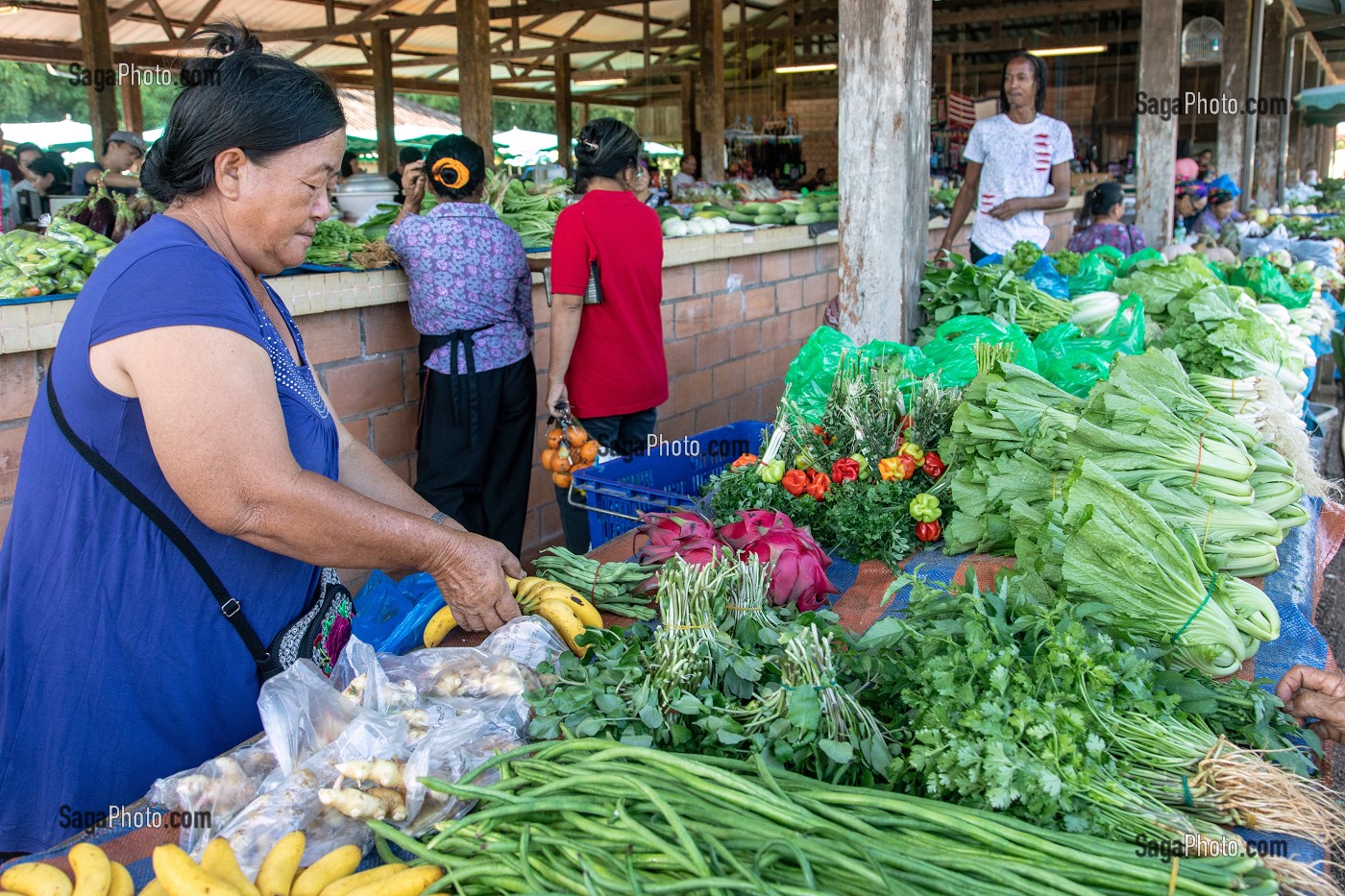 MARCHE HMONG (PEUPLE VENU D'ASIE), LES VIELLES FEMMES TIENNENT LES ETALS DE FRUITS ET LEGUMES, VILLAGE DE CACAO, GUYANE FRANCAISE, DEPARTEMENT-REGION D'OUTRE-MER, AMERIQUE DU SUD, FRANCE 