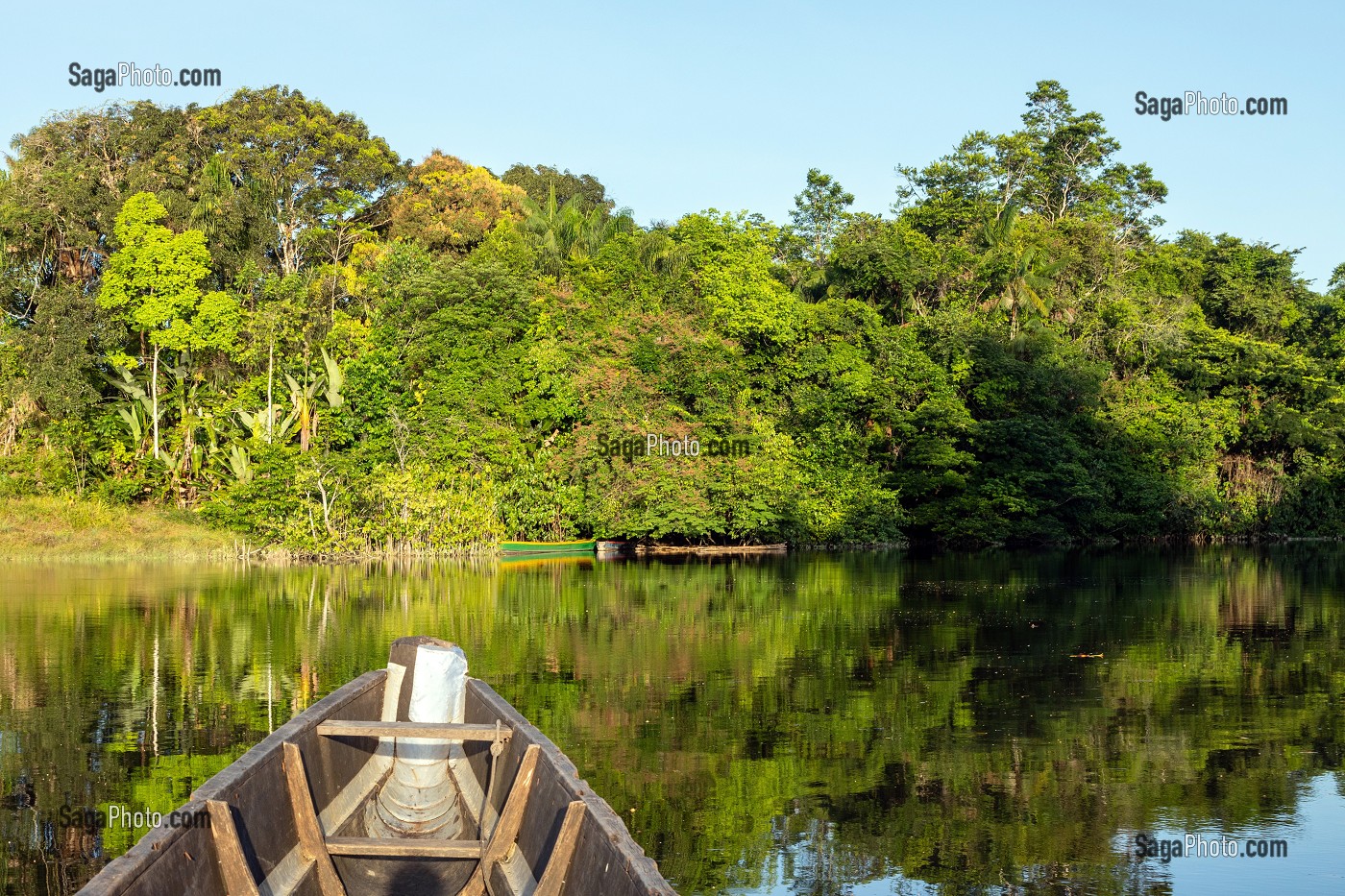 NAVIGATION EN PIROGUE SUR LA RIVIERE KOUROU AU COEUR DE LA FORET AMAZONIENNE, GUYANE FRANCAISE, DEPARTEMENT-REGION D'OUTRE-MER, AMERIQUE DU SUD, FRANCE 