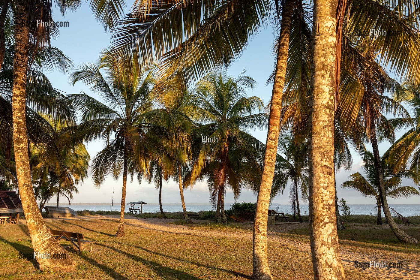 LES HATTES, PLAGE DE SABLE DU NORD A L'EMBOUCHURE DU MARONI, VILLAGE AMERINDIEN DE AWARA, RESERVE NATURELLE DE L'AMANA, COMMUNE DE MANA, GUYANE FRANCAISE, DEPARTEMENT-REGION D'OUTRE-MER, AMERIQUE DU SUD, FRANCE 