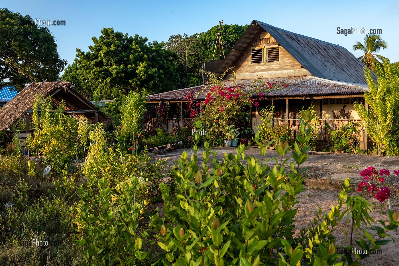 MAISON TRADITIONNELLE DU VILLAGE AMERINDIEN DE AWARA, RESERVE NATURELLE DE L'AMANA, COMMUNE DE MANA, GUYANE FRANCAISE, DEPARTEMENT-REGION D'OUTRE-MER, AMERIQUE DU SUD, FRANCE 