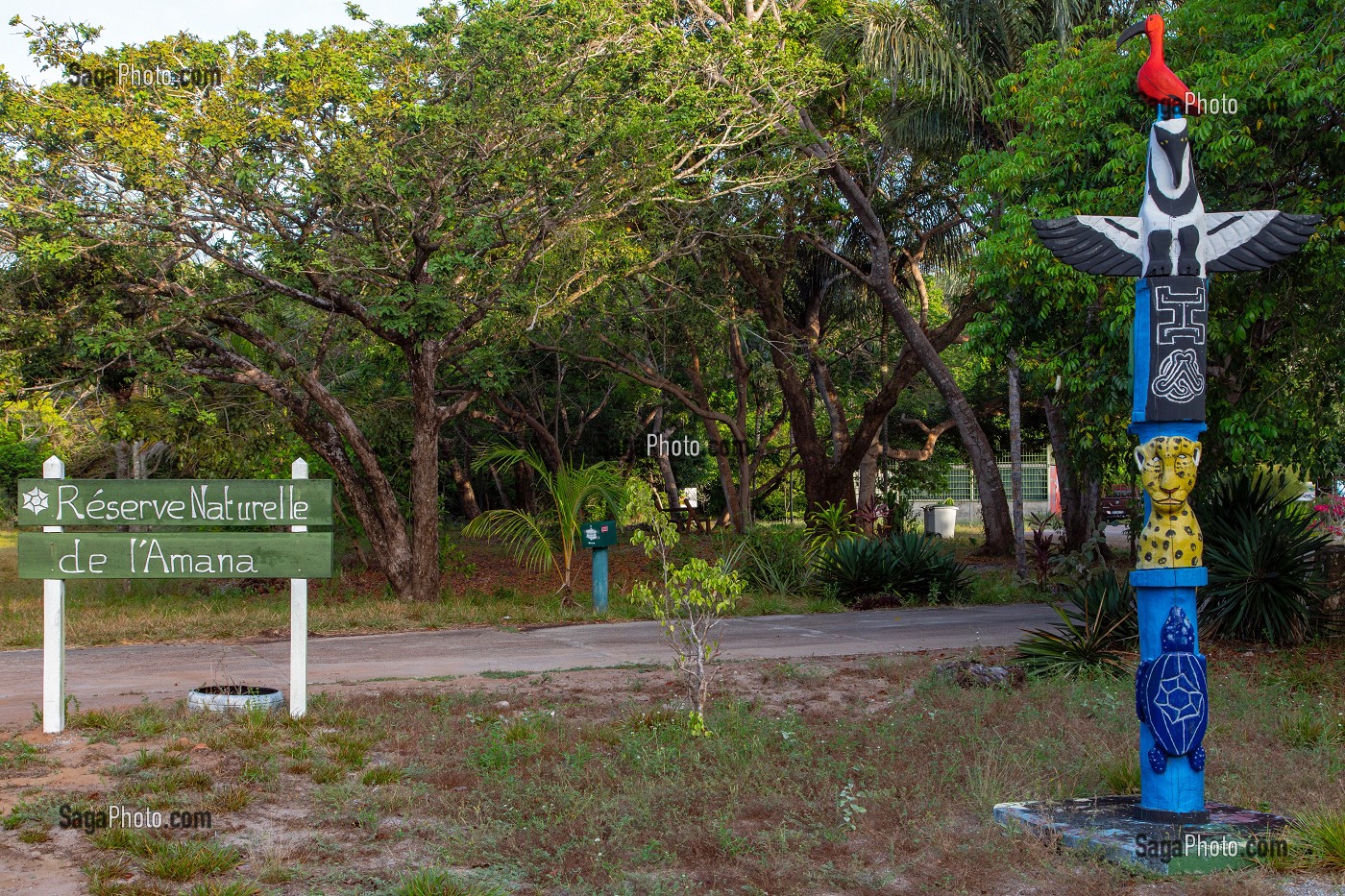 TOTEM DES ANIMAUX EMBLEMATIQUES DE LA GUYANE (IBIS ROUGE, HARPIE FEROCE, JAGUAR, TORTUE), VILLAGE AMERINDIEN DE AWARA, RESERVE NATURELLE DE L'AMANA, COMMUNE DE MANA, GUYANE FRANCAISE, DEPARTEMENT-REGION D'OUTRE-MER, AMERIQUE DU SUD, FRANCE 