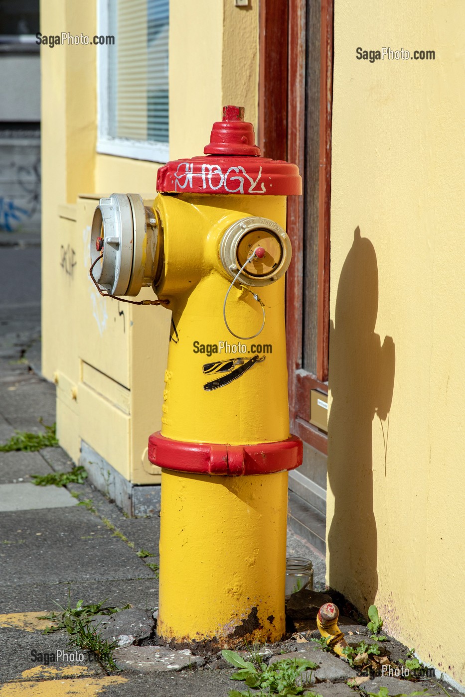 BORNE INCENDIE DE COULEUR JAUNE ET ROUGE DANS LA RUE, REYKJAVIK, ISLANDE 