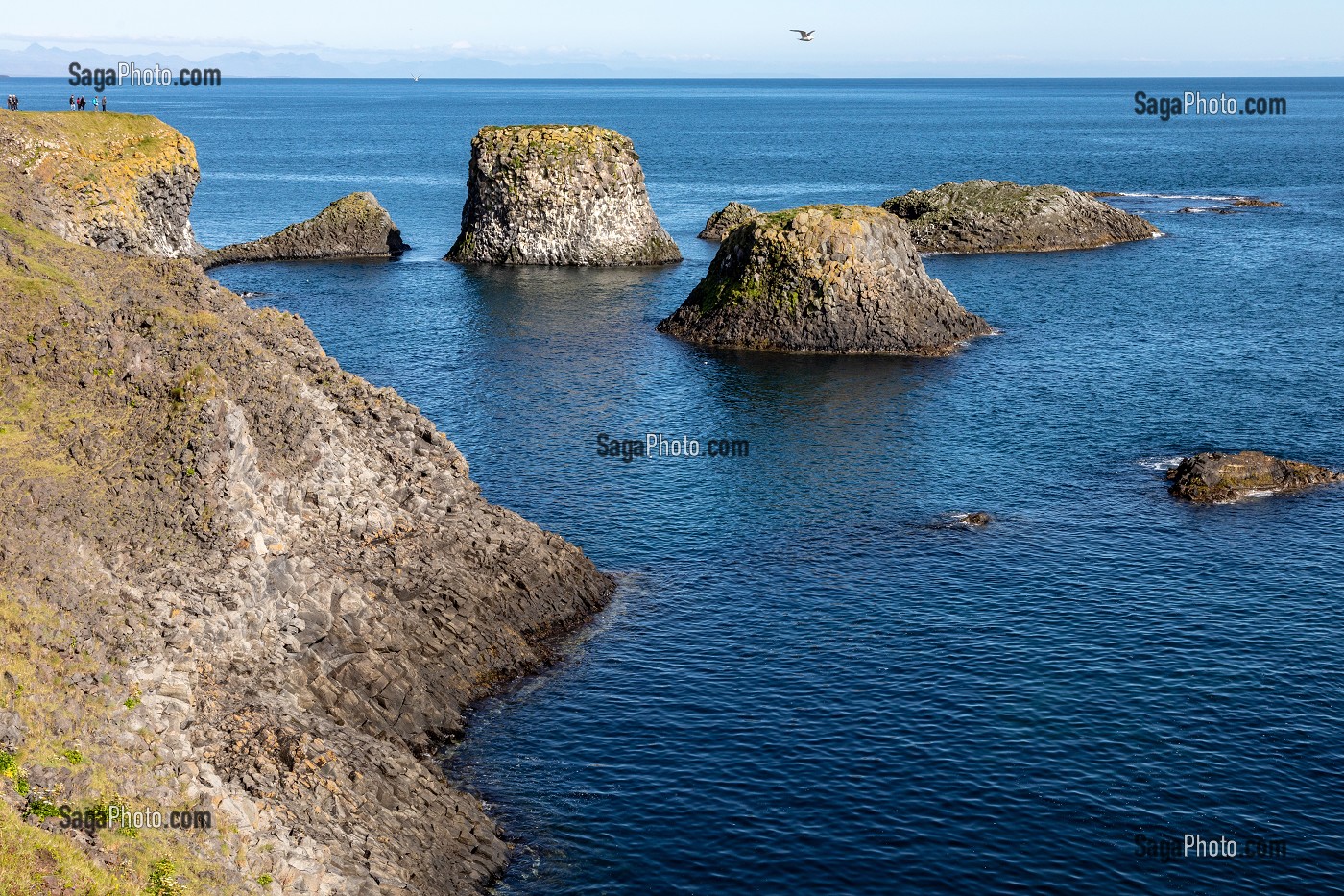 FALAISES DE ROCHES VOLCANIQUES NOIRES, PRESQU'ILE VOLCANIQUE DE GRUNDARFJORDUR, PENINSULE DE PRESQU'ILE VOLCANIQUE DE GRUNDARFJORDUR, PENINSULE DE SNAEFFELSNES, ARNARSTAPI, ISLANDE 