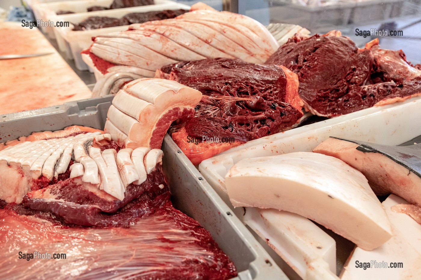 MORCEAUX DE VIANDE ET DE GRAISSE DE BALEINE, MARCHE DE POISSONS, SISIMIUT, GROENLAND, DANEMARK 