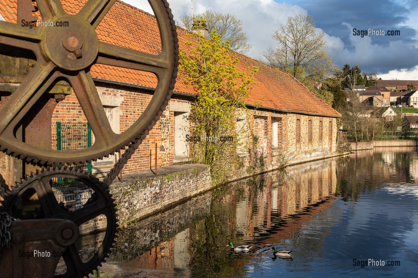 CREMAILLERE DE VANNAGE DEVANT LES ANCIENS BATIMENTS DE LA FENDERIE ET CANARDS SUR LA RISLE, RUGLES (27), FRANCE 