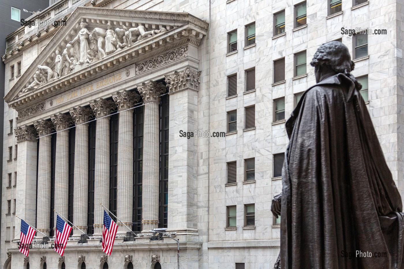 STATUE DE GEORGE WASHINGTON (1732-1799), PREMIER PRESIDENT DES ETATS-UNIS DEVANT LA BOURSE DE WALL STREET (NEW YORK STOCK EXCHANGE), MANHATTAN, NEW-YORK, ETATS-UNIS, USA 