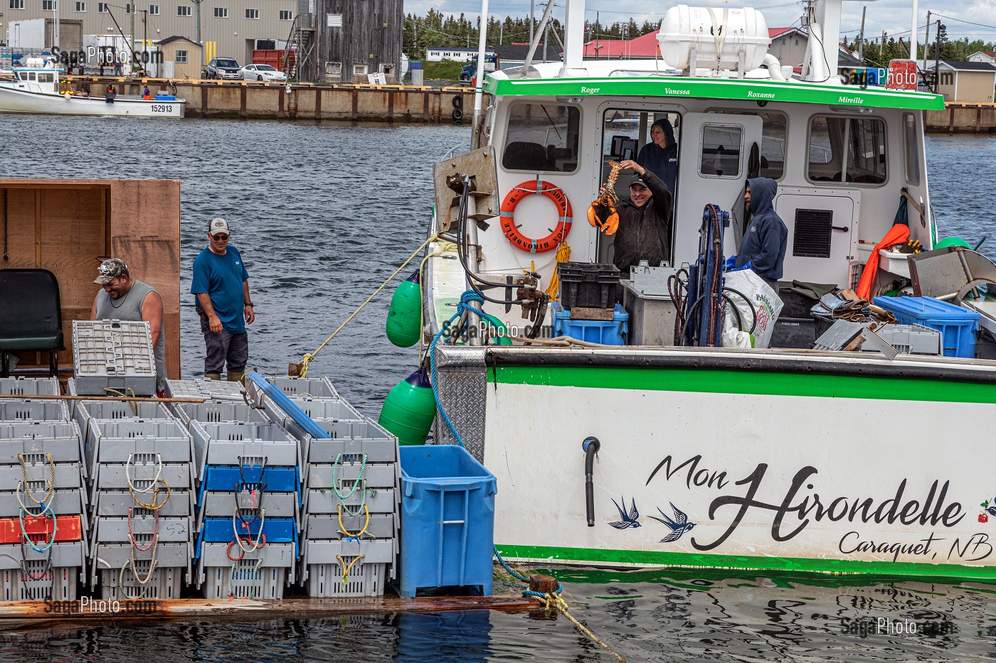 DEBARQUE DES HOMARDS SUR LE PORT DE MISCOU AVEC LE BATEAU MON HIRONDELLE, ILE MISCOU, NOUVEAU-BRUNSWICK, CANADA, AMERIQUE DU NORD 