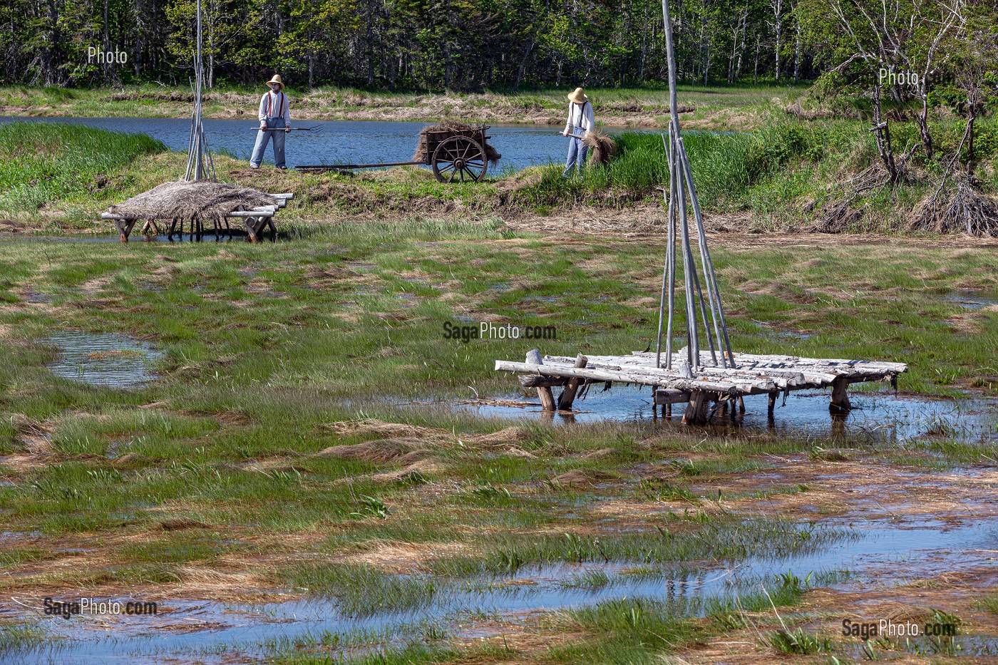 ENTREE DU SITE, TRAVAIL DANS LES MARAIS, VILLAGE HISTORIQUE ACADIEN, BERTRAND, NOUVEAU-BRUNSWICK, CANADA, AMERIQUE DU NORD 