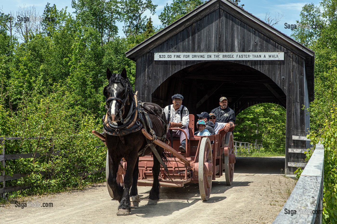 CHARRETTE D'EPOQUE POUR PROMENER LES TOURISTES SOUS LE PONT COUVERT EN BOIS DE 1900, VILLAGE HISTORIQUE ACADIEN, BERTRAND, NOUVEAU-BRUNSWICK, CANADA, AMERIQUE DU NORD 