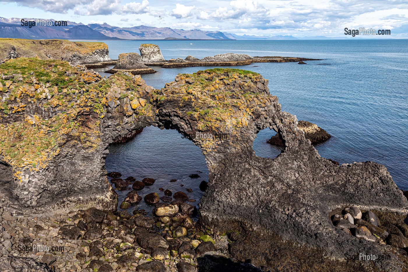 FALAISES DE ROCHES VOLCANIQUES NOIRES, ZONE DE NIDIFICATION DES GOELANDS, PRESQU'ILE VOLCANIQUE DE GRUNDARFJORDUR, PENINSULE DE SNAEFFELSNES DECRITE DANS LE ROMAN DE JULES VERNES, ARNARSTAPI, ISLANDE 