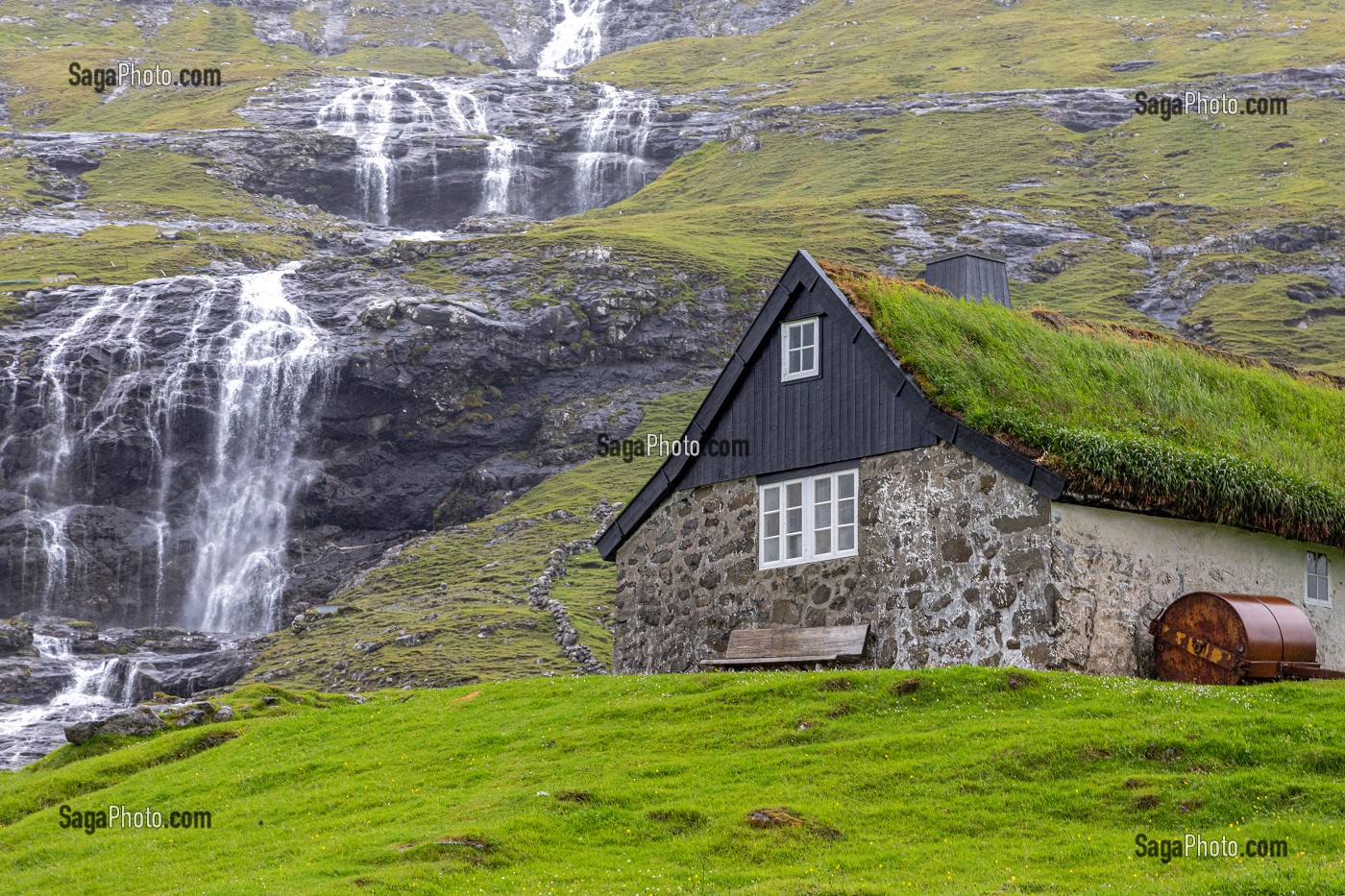 CHUTES D'EAU ET MAISONS TRADITIONNELLES AVEC LEURS TOITURES VEGETALES RECOUVERTES D'HERBES VERTES, VILLAGE DE SAKSUN, ILES FEROE, DANEMARK, EUROPE 