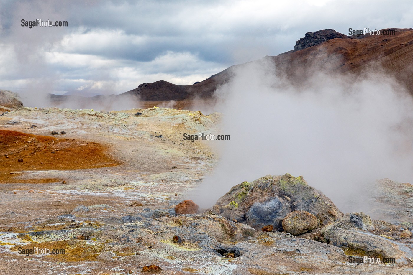 BASSINS DE BOUE GRISE BOUILLONNANTS ET FUMEROLLES EMETTANT DU GAZ SULFURIQUE, SITE GEOTHERMIQUE DE HVERAROND, PAYSAGE DU VOLCANISME DE NAMASKARD, REYKJAHLID, ISLANDE, EUROPE 