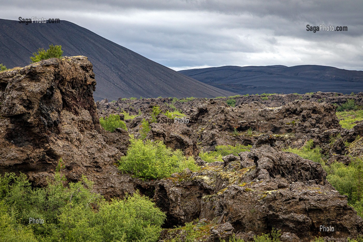 SITE VOLCANIQUE DES CHATEAUX NOIRS, PROMENADE AU MILIEU DES FORMATIONS DE LAVE, BORGIR, MYVATN, ISLANDE, EUROPE 