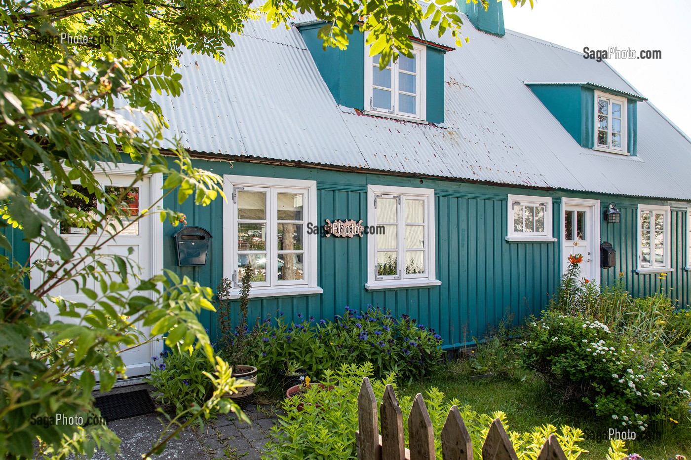 MAISONS TYPIQUES EN BOIS COLORES AVEC LEUR PETIT JARDIN D'ETE, ISAFJORDUR, ISLANDE, EUROPE 