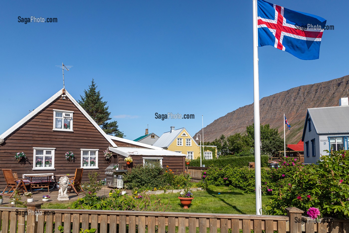 MAISONS TYPIQUES EN BOIS COLORES AVEC LEUR PETIT JARDIN D'ETE, ISAFJORDUR, ISLANDE, EUROPE 