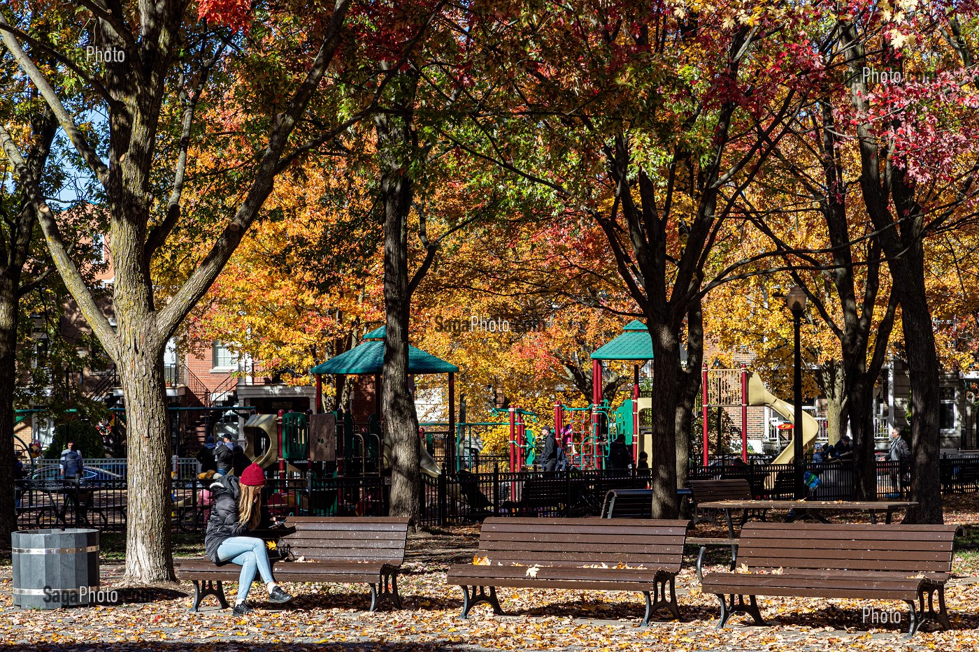 AIRE DE JEUX POUR LES ENFANTS, PARC MOLSON AUX COULEURS D'AUTOMNE, MONTREAL, QUEBEC, CANADA 