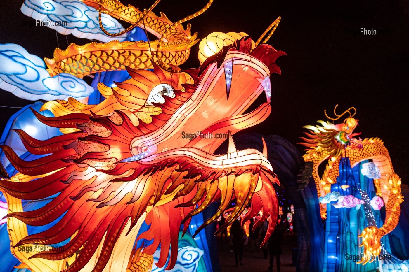 TETE DU DRAGON DE FEU, FEUX FOLLETS, LUMIERE SUR LA CHINE, PARC JEAN DRAPEAU, ILE SAINTE-HELENE, MONTREAL, QUEBEC, CANADA 