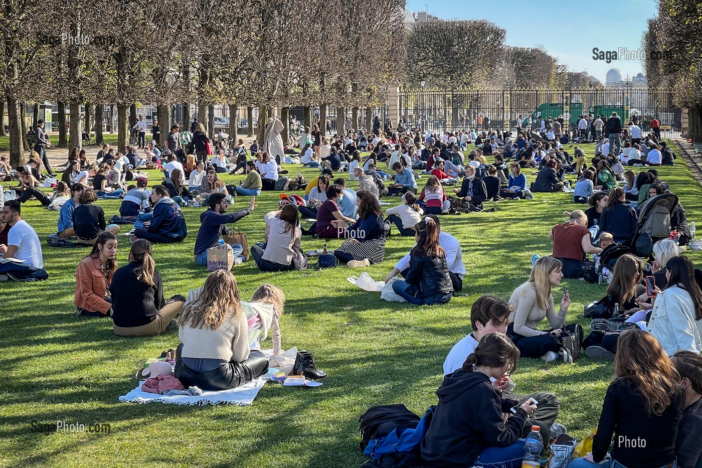 JEUNES PERSONNES AGGLUTINEES SUR LES PELOUSES SANS MASQUE MAIS LES MESURES D'HYGIENE ET GESTES BARRIERES, JARDIN DU LUXEMBOURG ET PALAIS (SENAT), 6EME ARRONDISSEMENT, (75) PARIS, FRANCE 