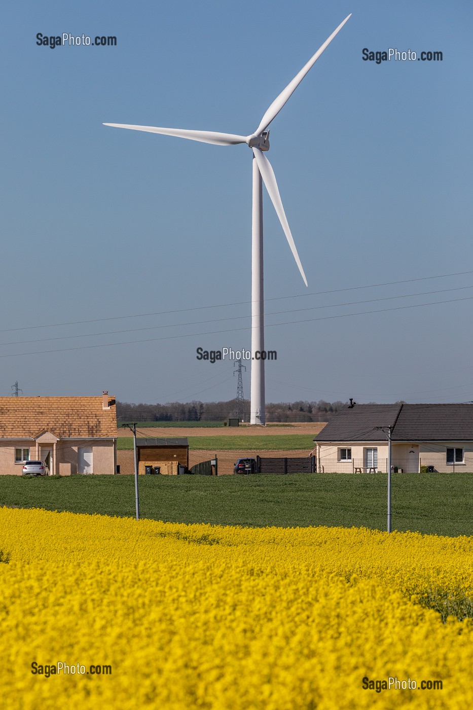 EOLIENNE PRES DES MAISONS DEVANT UN CHAMP DE COLZA, MESNIL-SUR-ITON, EURE, NORMANDIE, FRANCE 