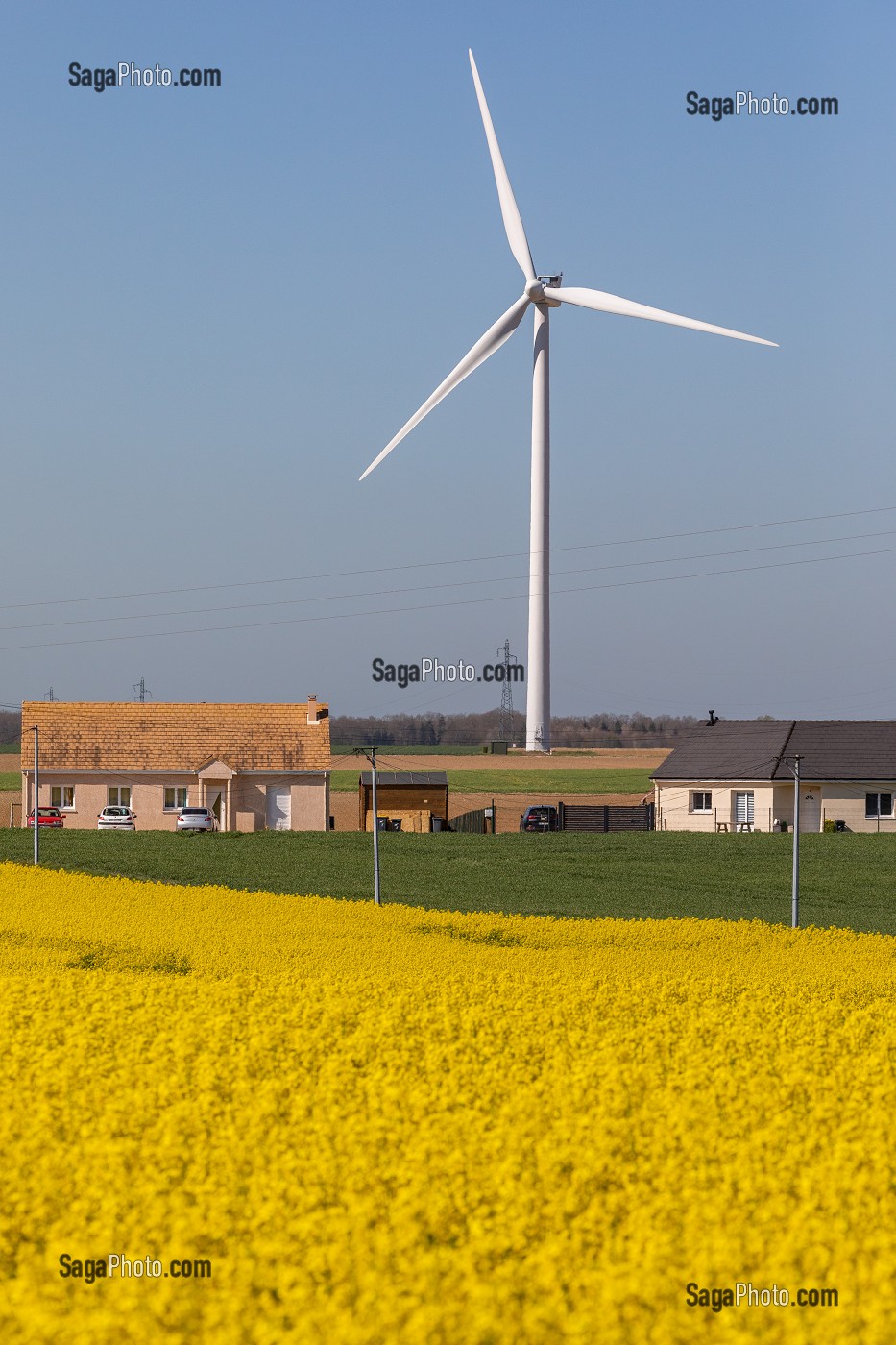 EOLIENNE PRES DES MAISONS DEVANT UN CHAMP DE COLZA, MESNIL-SUR-ITON, EURE, NORMANDIE, FRANCE 