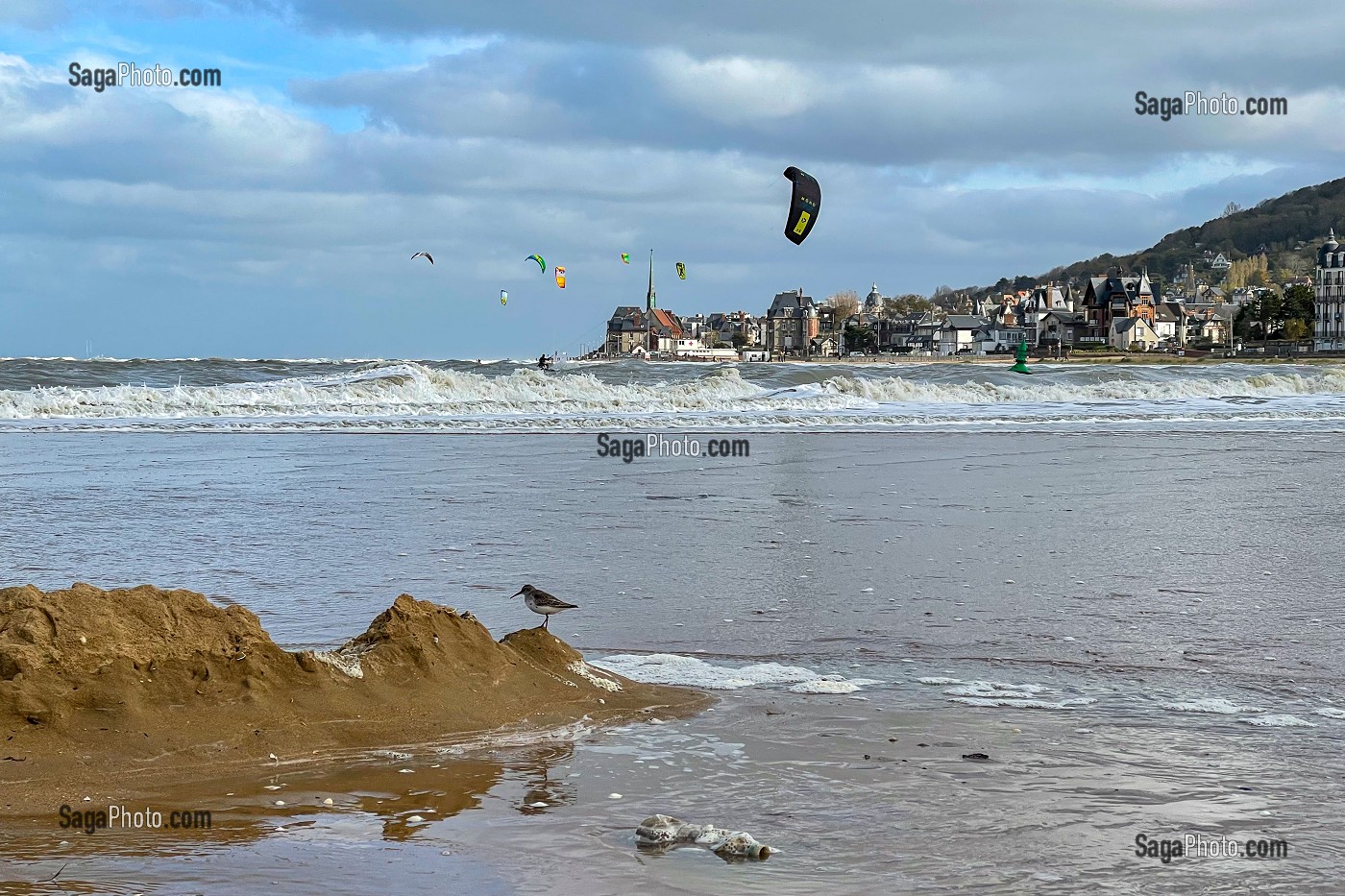 KITESURF SUR LA MER DEVANT VILLAGE DE HOULGATE DEPUIS LA COMMUNE DE DIVES-SUR-MER, CALVADOS, NORMANDIE, FRANCE 