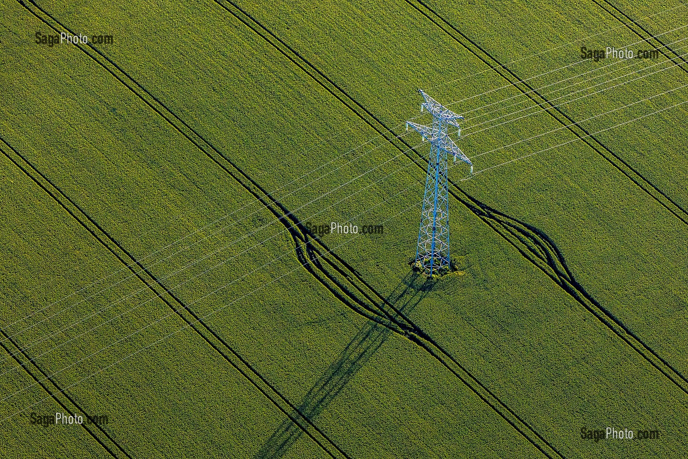 PYLONE DE LIGNE A HAUTE TENSION AU MILIEU DES CHAMPS, EURE, NORMANDIE, FRANCE 