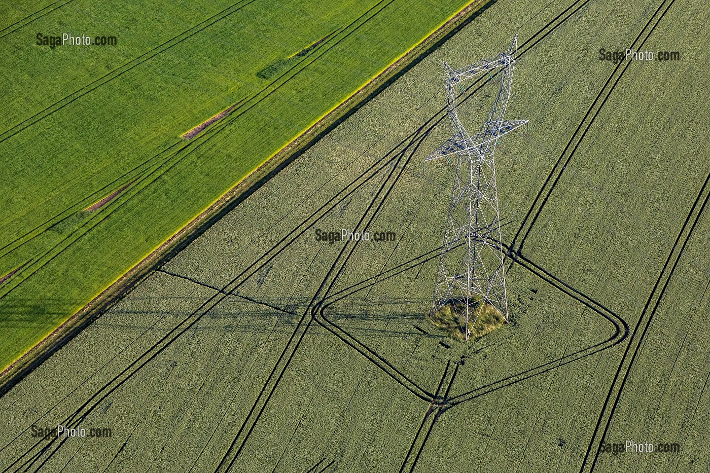 PYLONE DE LIGNE A HAUTE TENSION AU MILIEU DES CHAMPS, EURE, NORMANDIE, FRANCE 