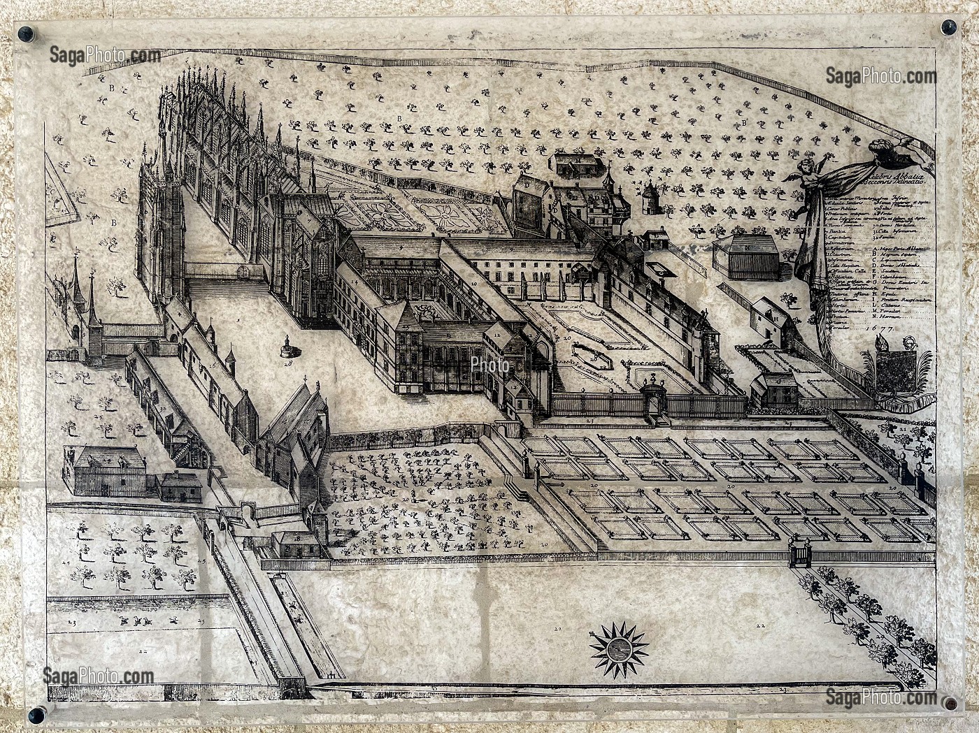 PLANCHE DE DESSIN REPRESENTANT L'ABBAYE DU BEC, MONASTICON GALLICANUM DE 1677, LE BEC-HELLOUIN, EURE, NORMANDIE, FRANCE 