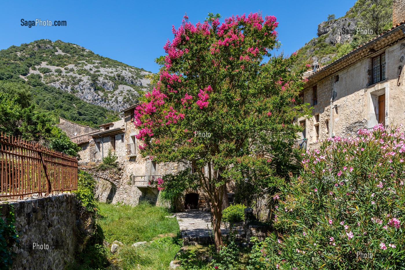 PETITE RUELLE DU VILLAGE, CLASSE PLUS BEAU VILLAGE DE FRANCE, SAINT-GUILHEM-LE-DESERT, HERAULT, OCCITANIE, FRANCE 