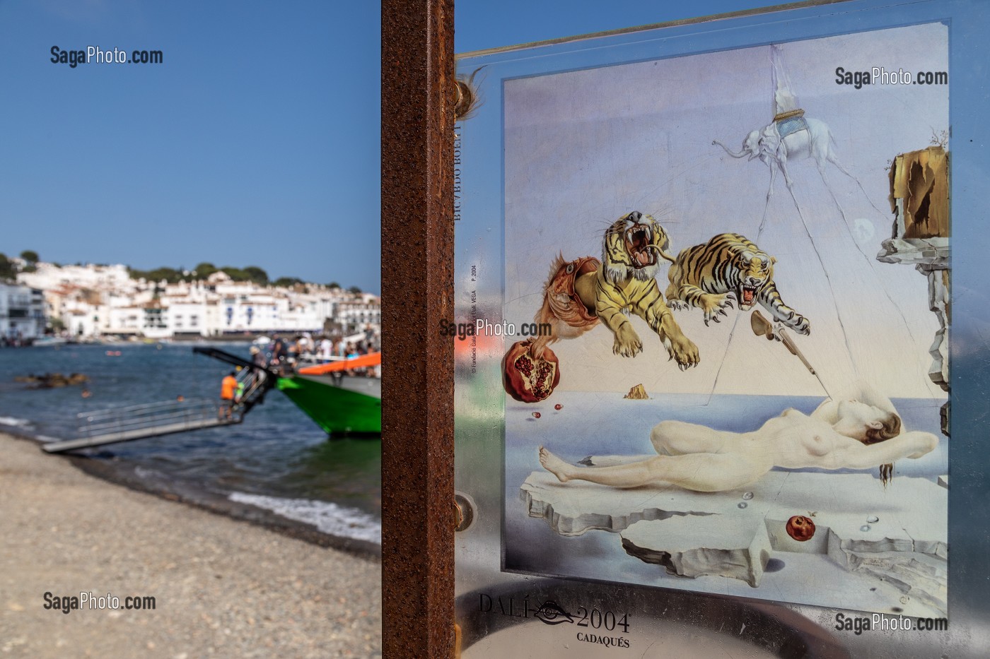 REPRODUCTION D'UNE PEINTURE SALVADOR DALI (LE REVE CAUSE PAR LE VOL D'UNE ABEILLE) AU PIED DE LA PLAGE OÙ IL A VECU ET TRAVAILLE, CADAQUES, COSTA BRAVA, CATALOGNE, ESPAGNE 