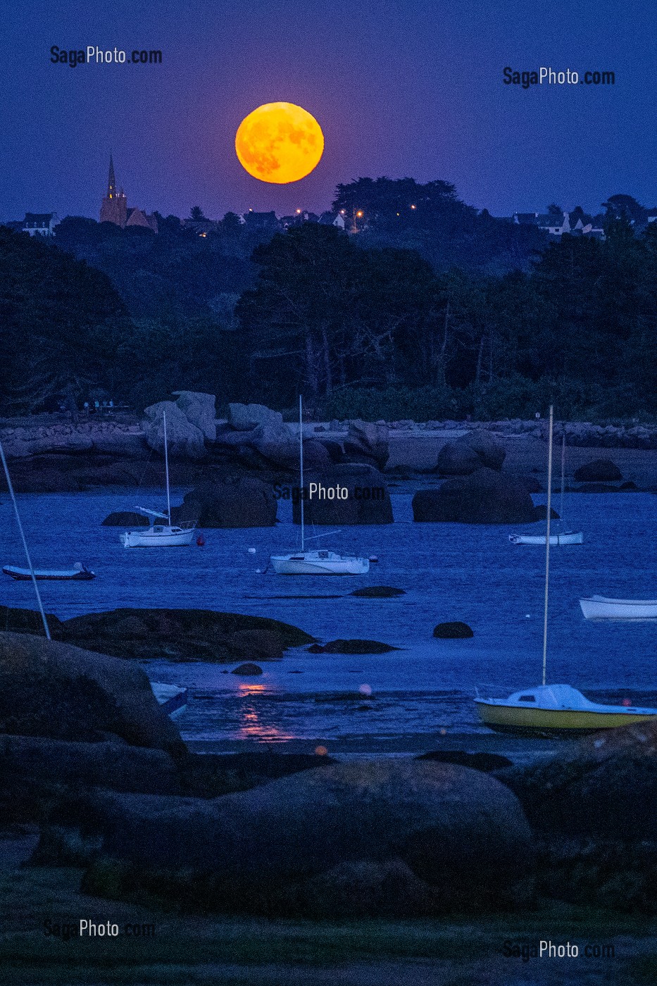 LEVER DE LUNE ROUSSE SUR LA BAIE SAINTE-ANNE, POINTE DE L'ILE RENOTE, TREGASTEL, COTE DE GRANIT ROSE, COTES-D’ARMOR, BRETAGNE, FRANCE 