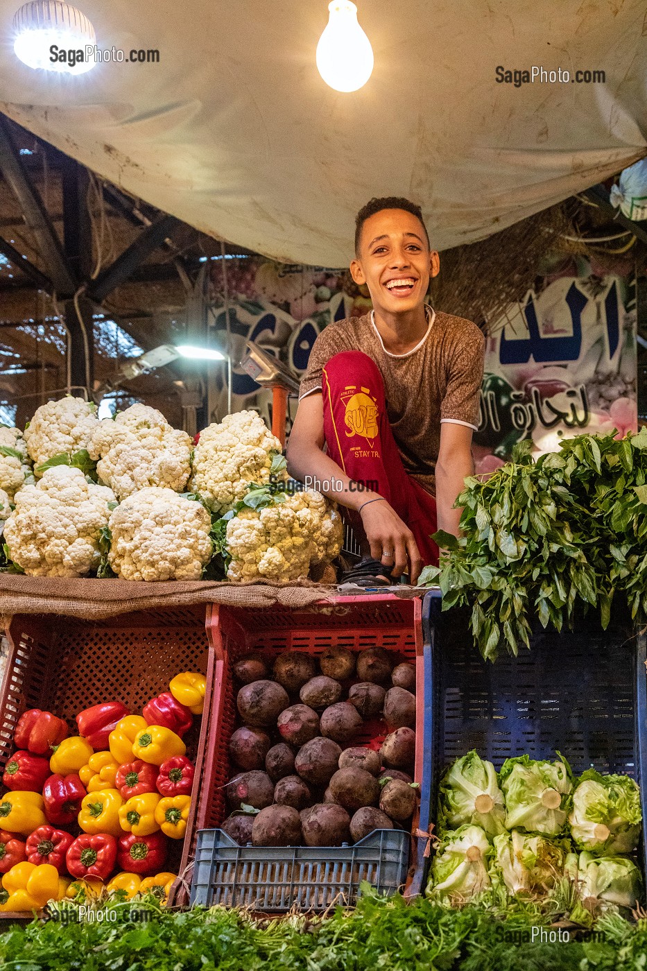 LES ENFANTS SUR LEUR ETALAGE DE FRUITS ET LEGUMES, MARCHE EL DAHAR, QUARTIER POPULAIRE DE LA VIEILLE VILLE, HURGHADA, EGYPTE, AFRIQUE 