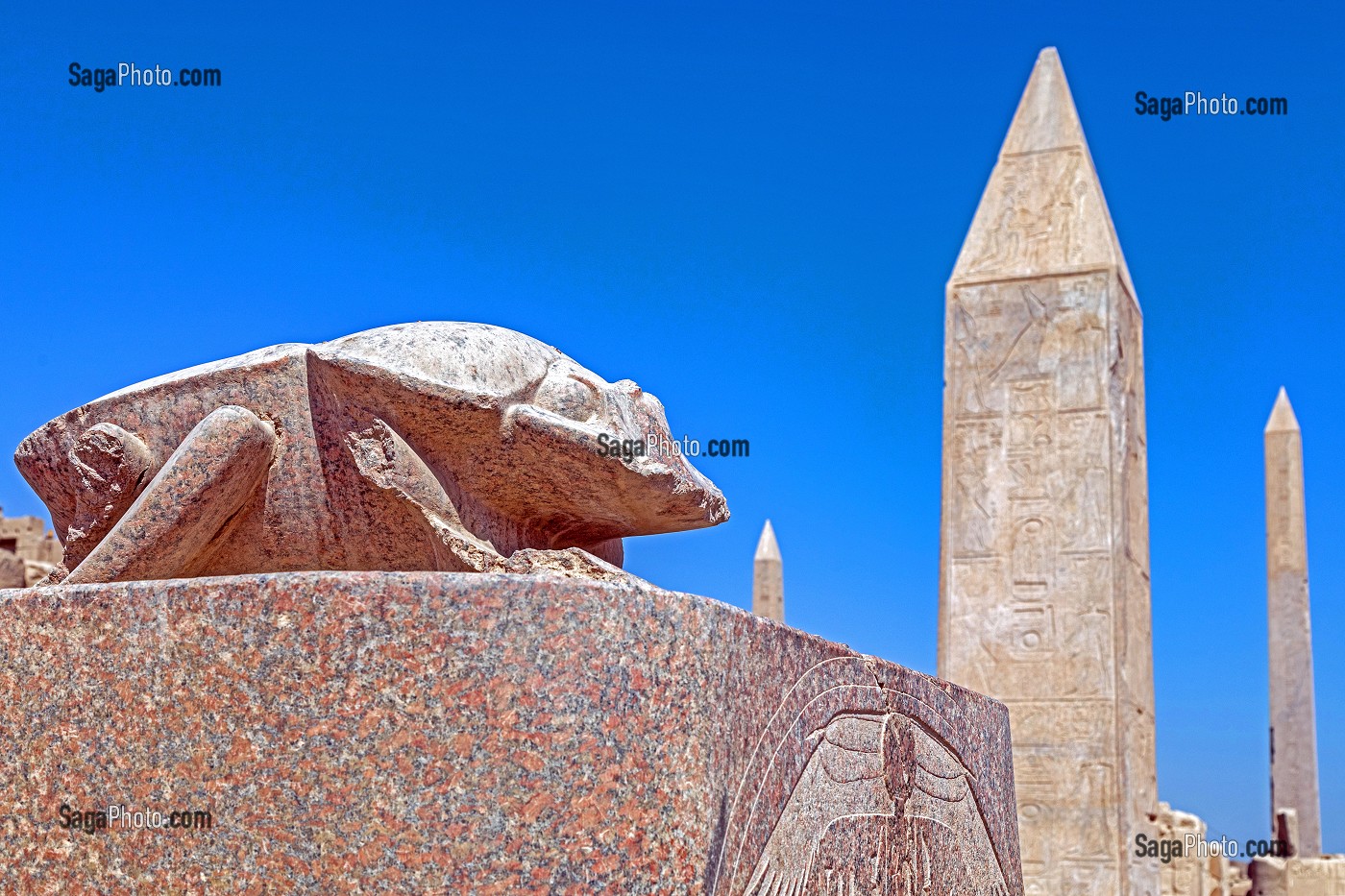 STATUE DU SCARABEE GEANT KHEPRI DEVANT LES OBELISQUES, DOMAINE D'AMON, TEMPLE DE KARNAK, SITE DE L'EGYPTE ANTIQUE DE LA XIII EME DYNASTIE, PATRIMOINE MONDIAL DE L'UNESCO, LOUXOR, EGYPTE, AFRIQUE 