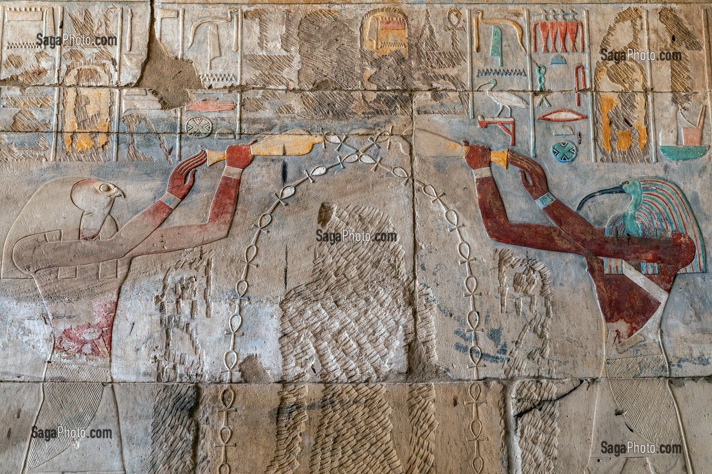 DIEU THOT A LA TETEE D'IBIS AVEC LE DIEU HORUS A TETE DE FAUCON PURIFIANT LA REINE HATCHEPSOUT DEVENUE PHARAON, DOMAINE D'AMON, TEMPLE DE KARNAK, SITE DE L'EGYPTE ANTIQUE DE LA XIII EME DYNASTIE, PATRIMOINE MONDIAL DE L'UNESCO, LOUXOR, EGYPTE, AFRIQUE 