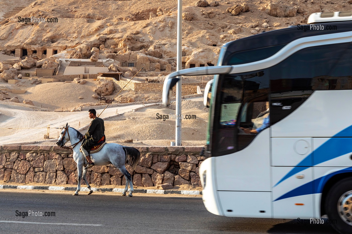 CONTRASTE ENTRE L'HOMME A CHEVAL ET BUS DE TOURISTES DEVANT LA VALLEE DES NOBLES, ABRITE LES TOMBES DE NOMBREUX NOBLES DU NOUVEL EMPIRE, LOUXOR, EGYPTE, AFRIQUE 