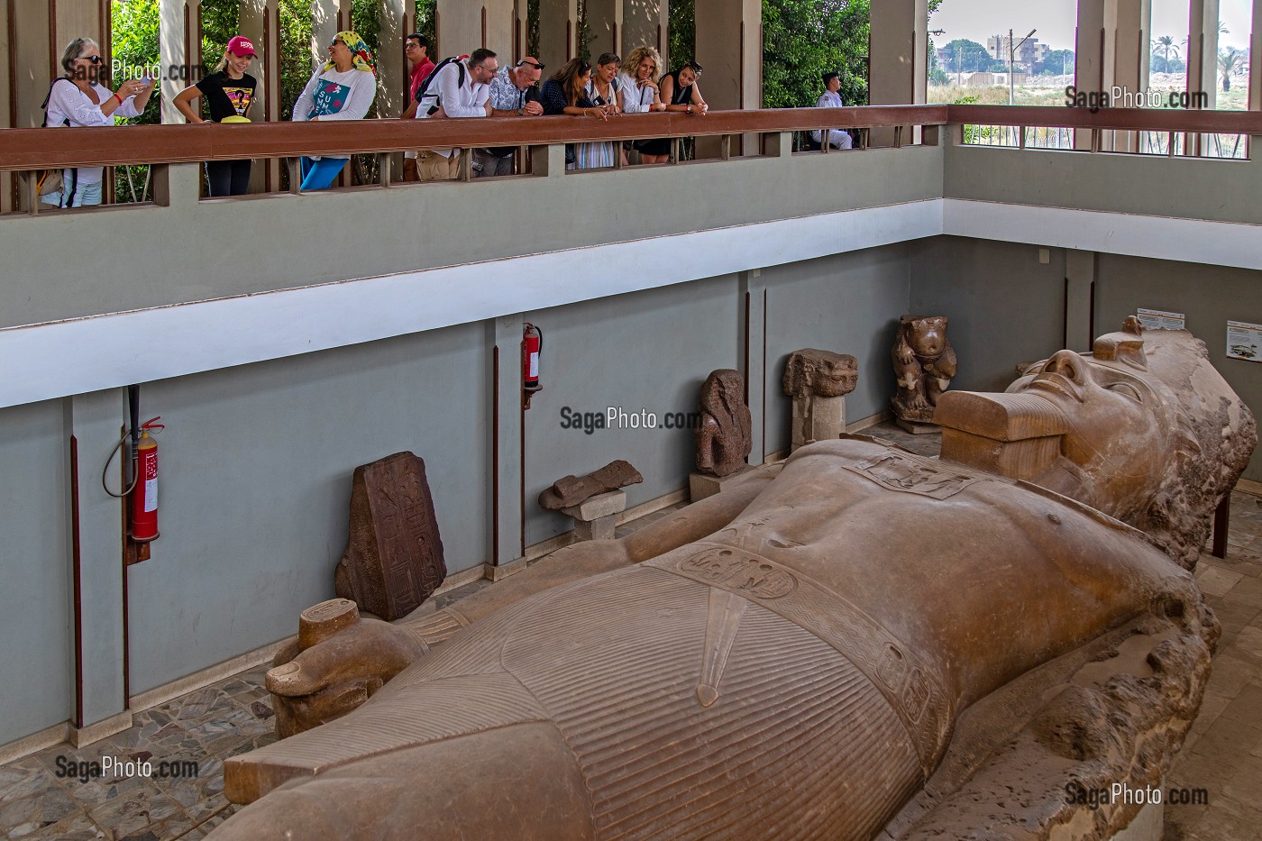 DETAIL DU VISAGE DU PHARAON, STATUE DU COLOSSE EN GRANIT DE RAMSES II, 10 METRES DE LONG, MUSEE DE MIT RAHINA EN PLEIN AIR, CLASSE AU PATRIMOINE MONDIAL DE L'UNESCO, LE CAIRE, EGYPTE, AFRIQUE 