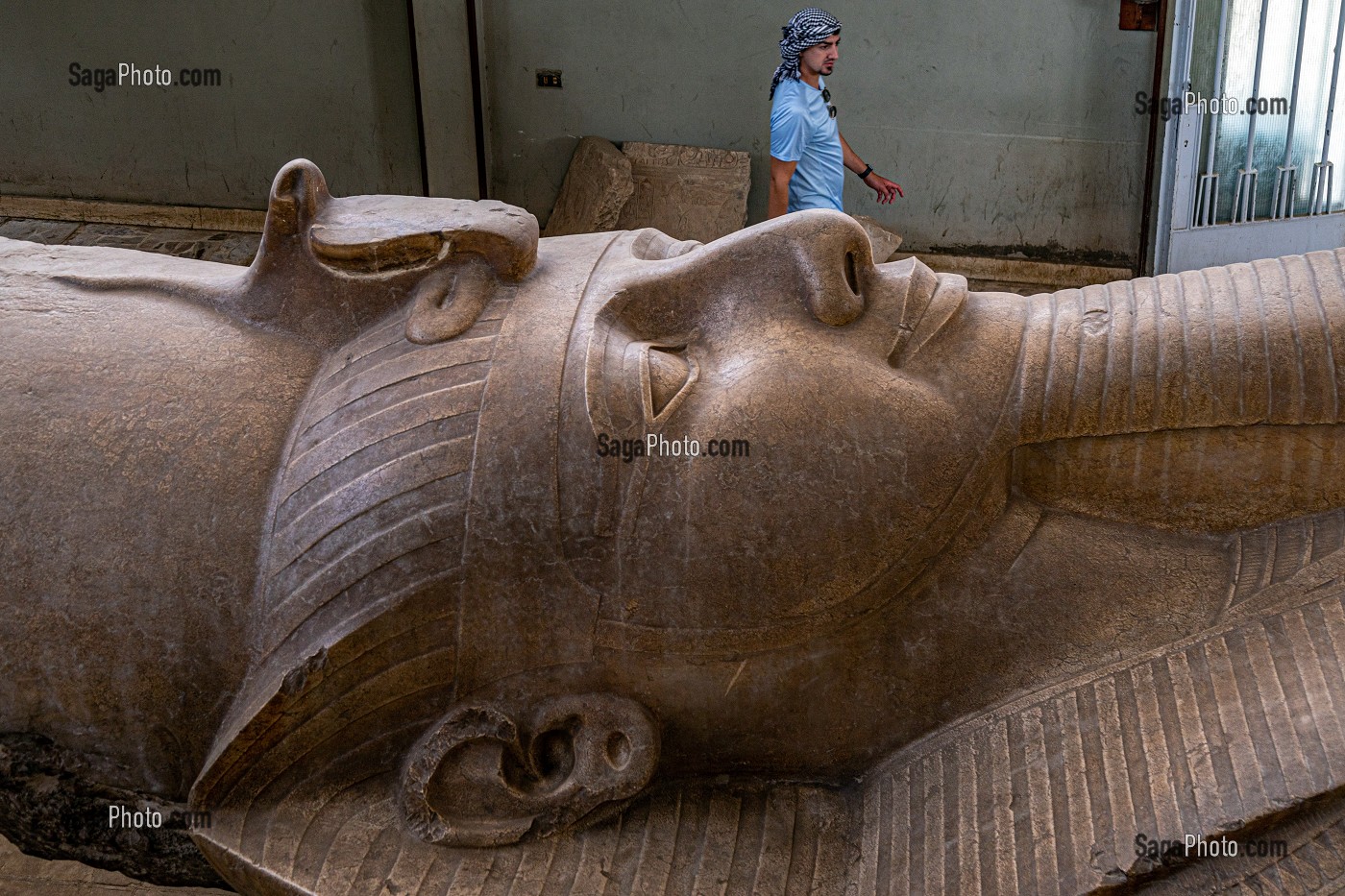 DETAIL DU VISAGE DU PHARAON, STATUE DU COLOSSE EN GRANIT DE RAMSES II, 10 METRES DE LONG, MUSEE DE MIT RAHINA EN PLEIN AIR, CLASSE AU PATRIMOINE MONDIAL DE L'UNESCO, LE CAIRE, EGYPTE, AFRIQUE 