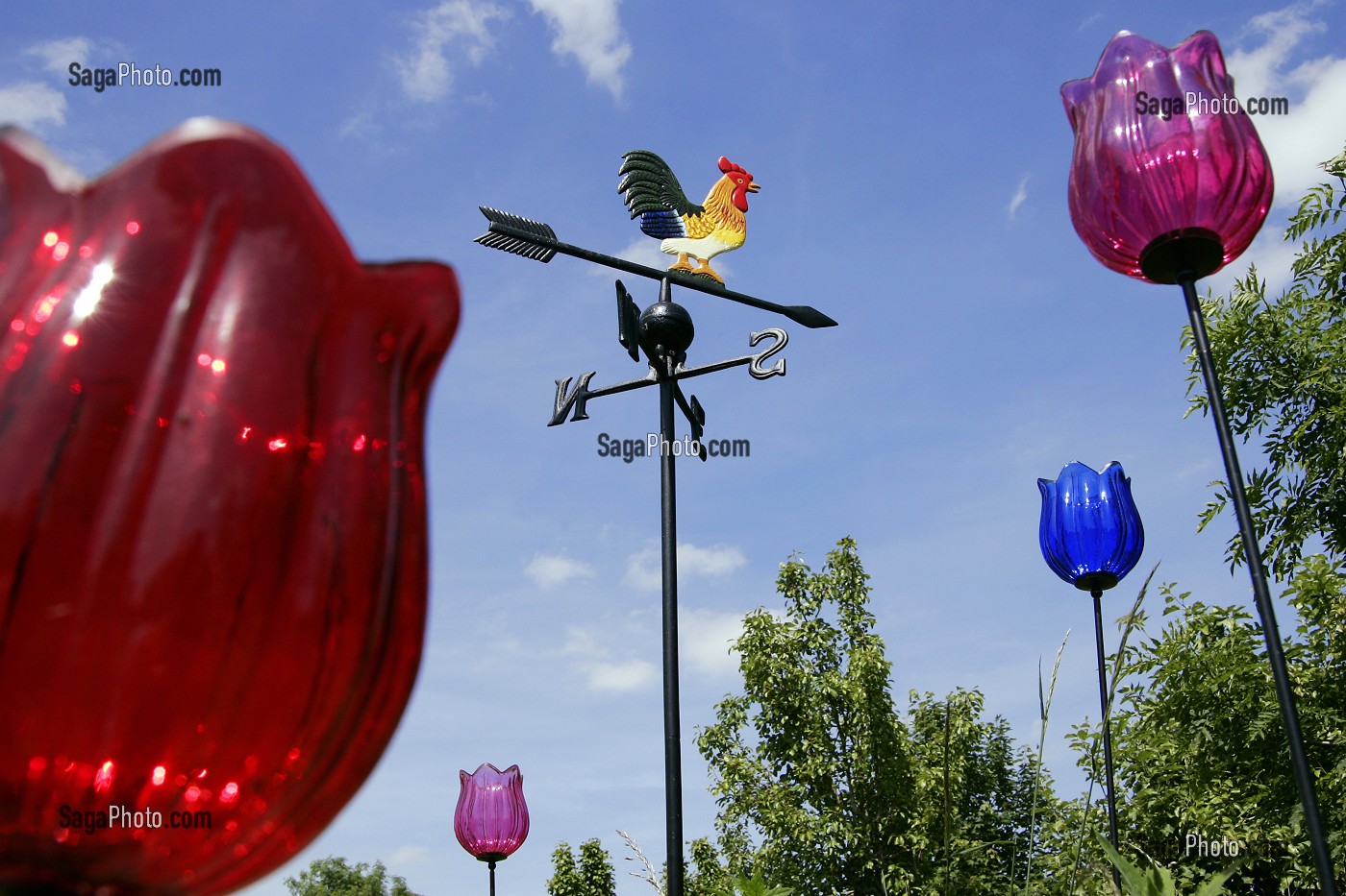 JEUNES POUSSES : ROSE DES VENTS ET TULIPES EN VERRE, PARCOURS DE JARDINS CULTURELS, LYCEE AGRICOLE PRIVE DE NERMONT, CHATEAUDUN. EUROLAND. ART, 1ER FESTIVAL EUROPEEN D'ART GRANDEUR NATURE SUR LA ROUTE DU BLE EN BEAUCE, EURE ET LOIR 