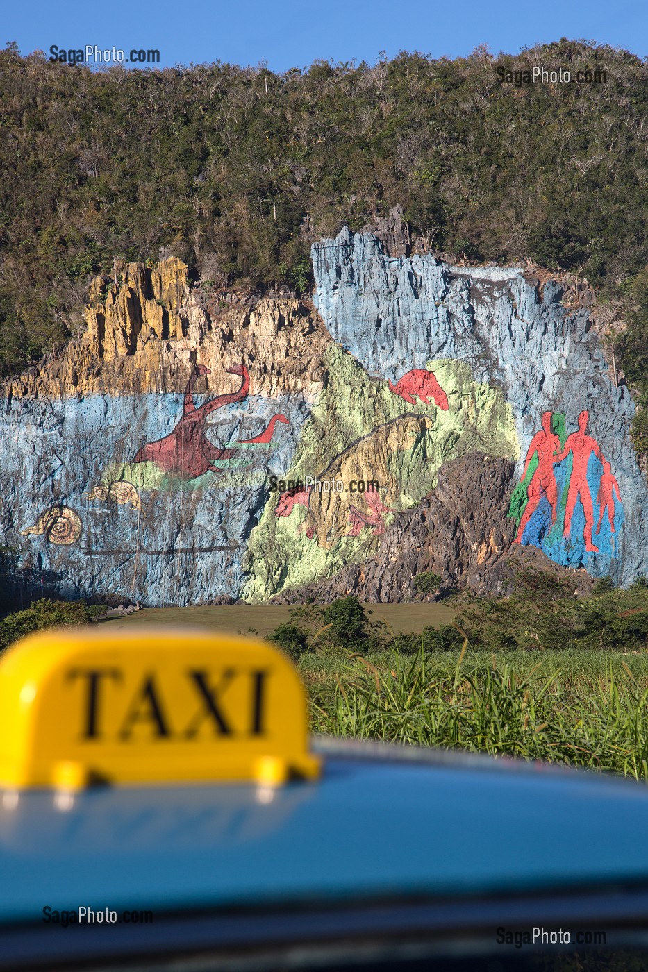 TAXI DEVANT LE MUR DE LA PREHISTOIRE (MURAL DE LA PREHISTORIA) COMMANDE PAR FIDEL CASTRO EN 1961, PEINTURE SUR UN VERSANT D'UNE MOGOTE, VALLEE DE VINALES, CLASSEE AU PATRIMOINE MONDIAL DE L’HUMANITE PAR L’UNESCO, CUBA, CARAIBES 