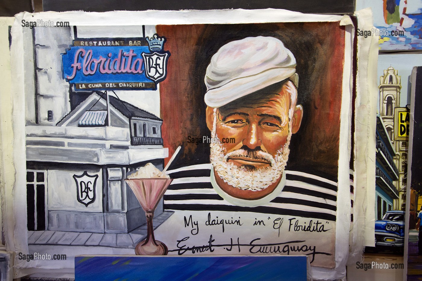 PEINTURE CONTEMPORAINE REPRESENTANT ERNEST HEMINGWAY (1899-1961), ECRIVAIN ET JOURNALISTE AMERICAIN, DANS LE BAR EL FLORIDITA OU IL BUVAIT SON DAIQUIRI PREFERE, HABANA VIEJA, LA HAVANE, CUBA, CARAIBES 